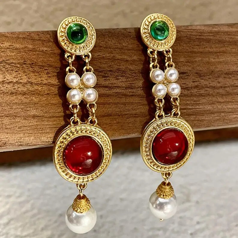 Wholesale Fashion Jewelry Medieval Earrings Female Pearl Tassels Vintage Earrings Long Court Geometric Resin Vintage Earrings