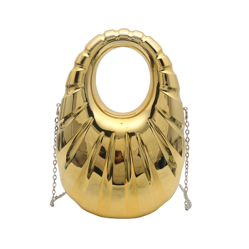 Luxury Metallic Gold Handbag for Women Unique Oval Design Party Bag Chain Strap Clutch Evening Bags