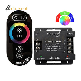 Music LED Controller 18A DC 12-24V Metal Shell RGB 3-Channel PWM Signal High Power Dimmer Full Touch RF 433MHz Wireless Remote