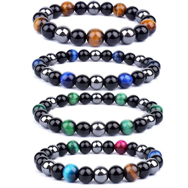 Triple Protection Bracelet Bring Lucky Natural Tiger Eye Obsidian Hematite Beaded Bracelet for Women Men Jewelry