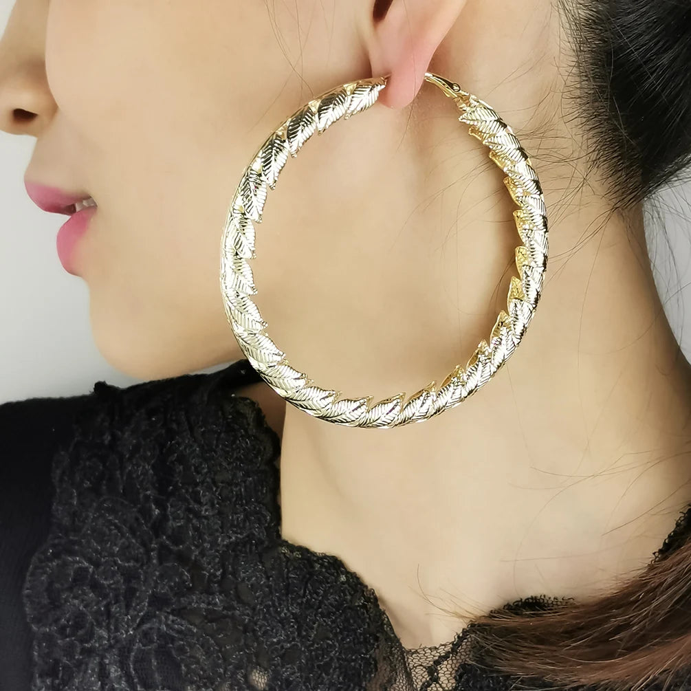 New Arrival Fashion Geometric Alloy Big Hoop Earrings Statement Unique Design Leaf Loop Drop Earrings Ladies Jewelry High-end
