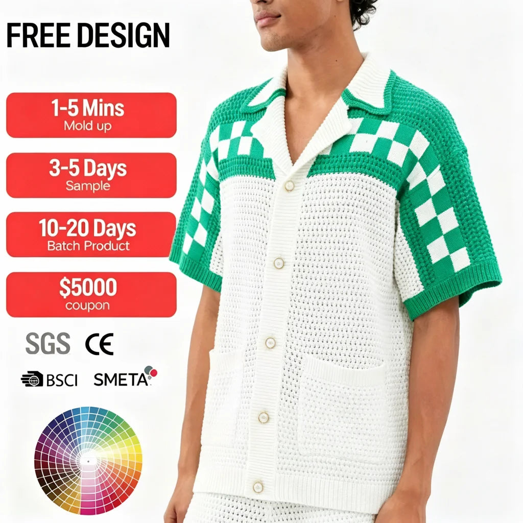 Custom Design logo High Quality Knitted Knitwear Summer Mesh Hollow Out Summer Polo Neck Men Crochet Cotton Shirt