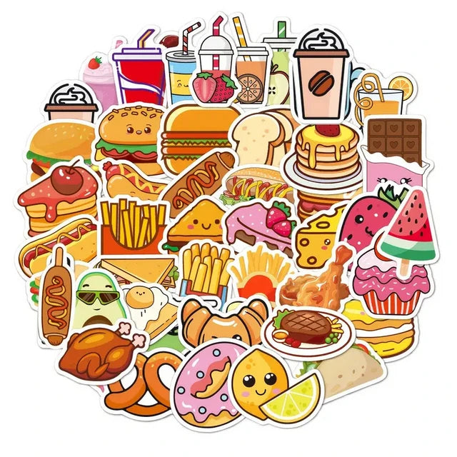 Kawaii 50-Piece DIY Decorative Sticker Set Cartoon Theme Delicious Food Milk Tea Hamburger Chips Cartoon Promotional Stickers