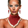 African Women Multi Layer Woven Wooden Beaded Shell Tassel Necklace Earrings Set