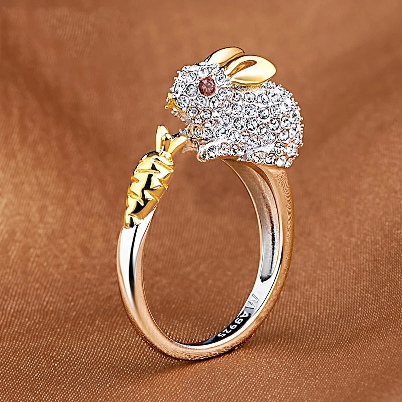 Vintage Brass Cubic Zirconia Jewelry 12 Chinese Zodiac Signs Ring Rabbit Shaped Full Diamond Engagement Ring for Women