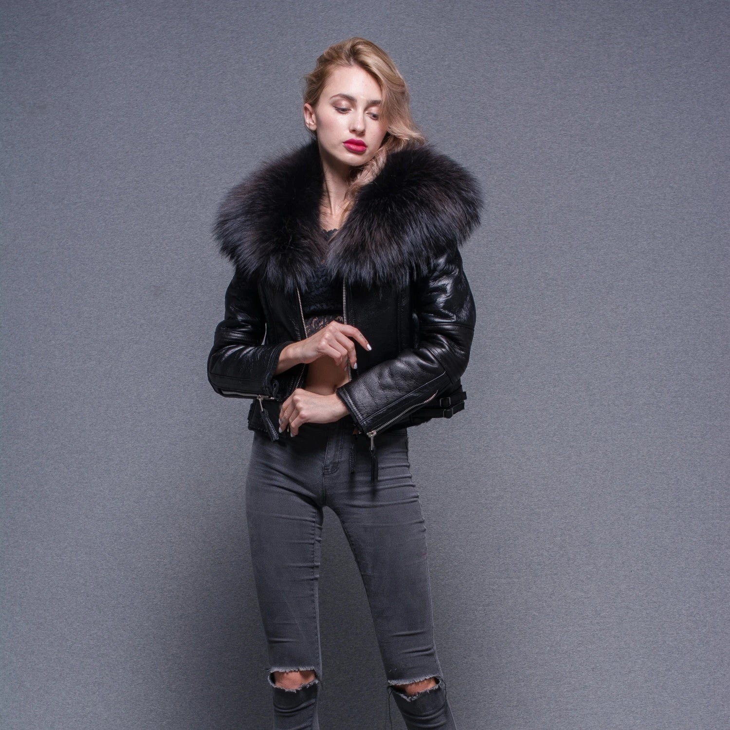 Winter New Sheep Bomber Cropped Fur Coat Womens Shearling Leather Jacket