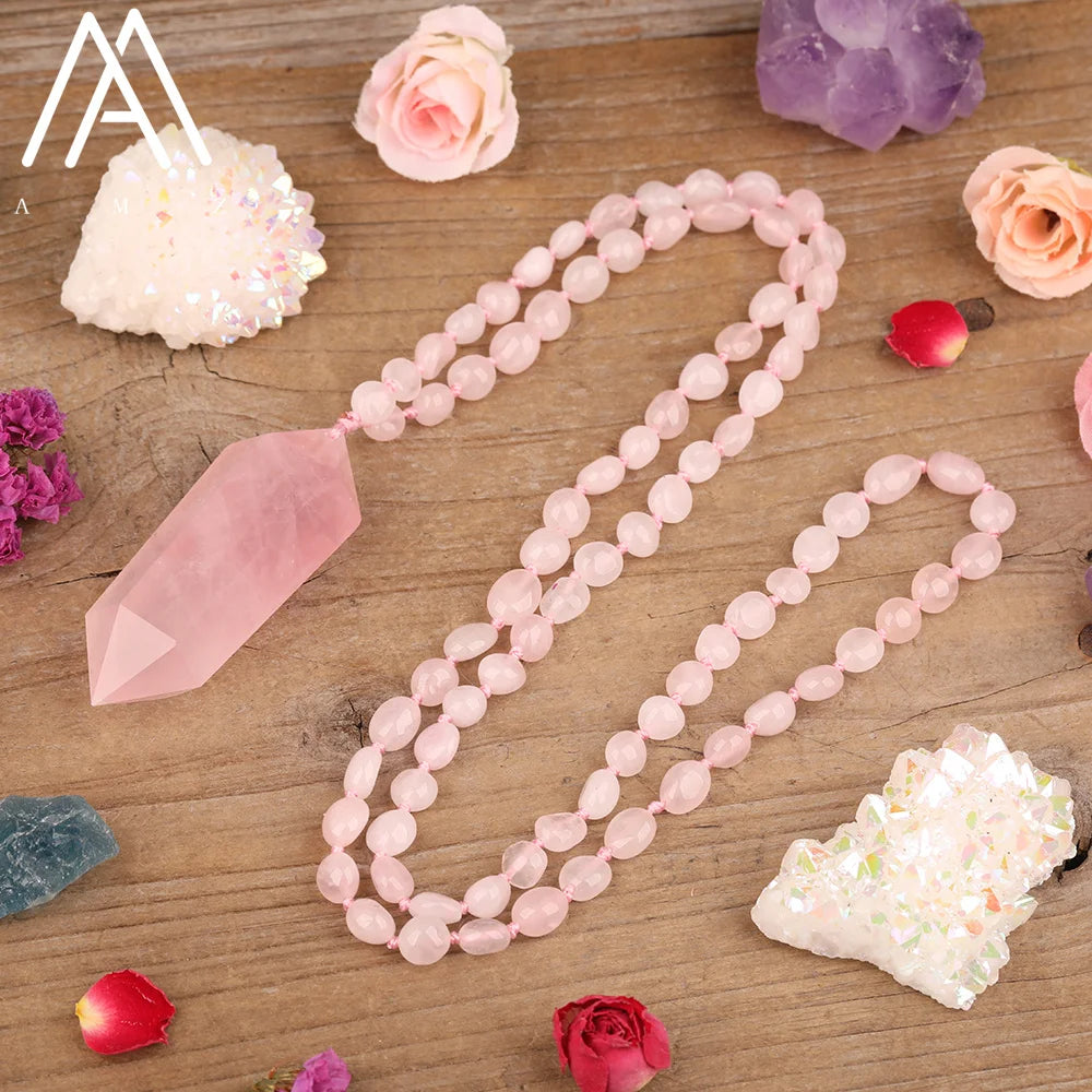 Bohemian Style Pink Crystal Rose Quartz Chip Beads Healing Double Point Mala Necklace Wedding Party Engagement Gift for Girls