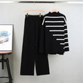 Women's Casual Loose Half Turtleneck Sweater with Wide-Leg Pants Long-Sleeved Striped Knitted Two-Piece Set Digital Printing