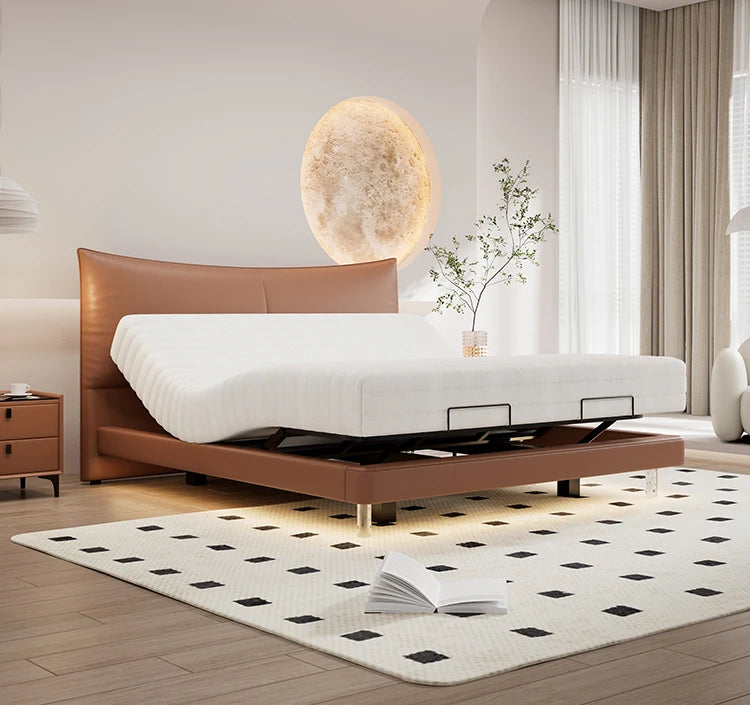 Luxurious Modern Smart Soft Bed Reclining Adjustable Height Electric Leather Bed Remote Control Metal Frame Assembled Bedroom