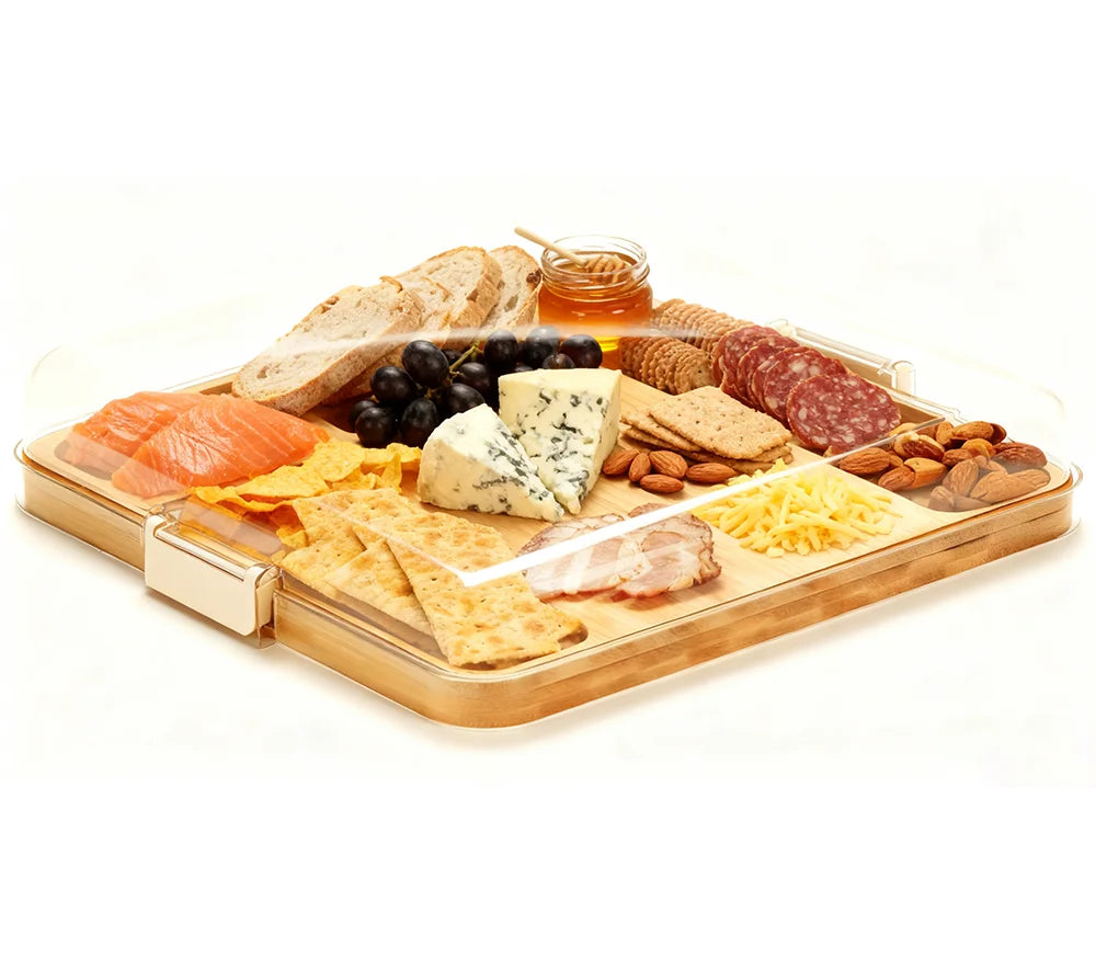 Bamboo Cheese Board Set with Lid Durable Charcuterie Board for Home Kitchen Sauce Grooves & Buckle Locking