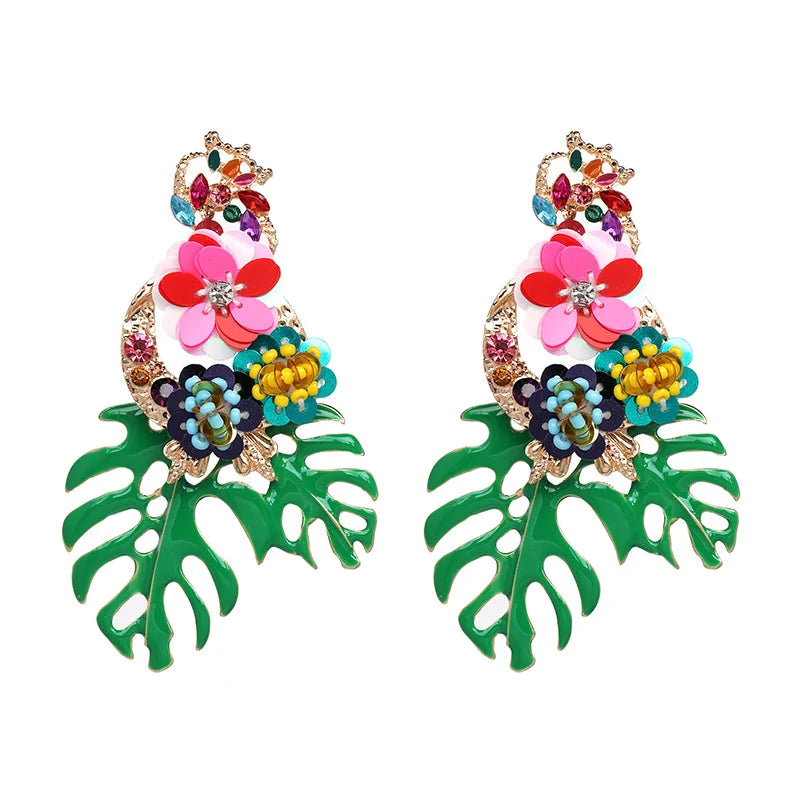 HOVANCI Luxury European Sequin Flower Leaf Pendant Earring Multi Color Beads Rhinestone Crystal Drop Earring Women Jewelry
