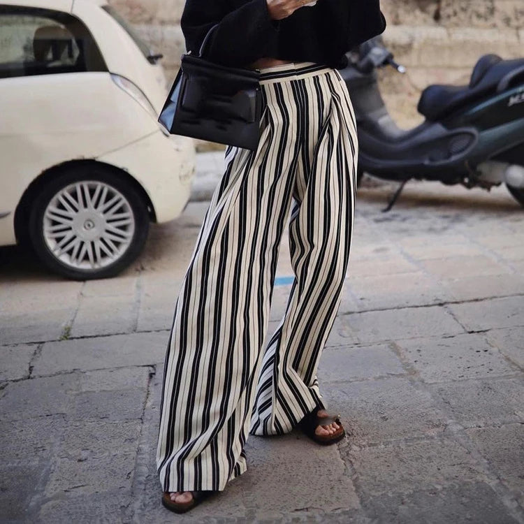 Elegant Minimalist New French Style Work Leisure Black White Striped High Waist Pants Women Wide Leg Trousers Ladies