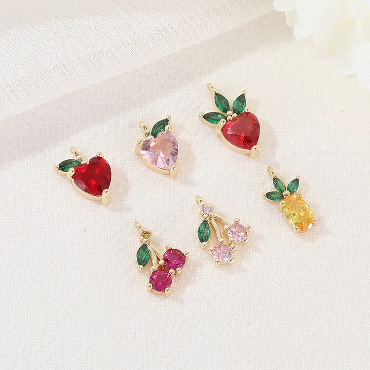 Fashion 14K Gold Plated Zircon Fruit Pendant Strawberry Cherry Pineapple Shape Charm for DIY Jewelry Necklace Making Accessories