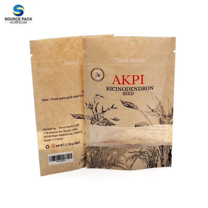 Compostable Heat Seal Seeds Package Bags Stand up Kraft Paper Pouch
