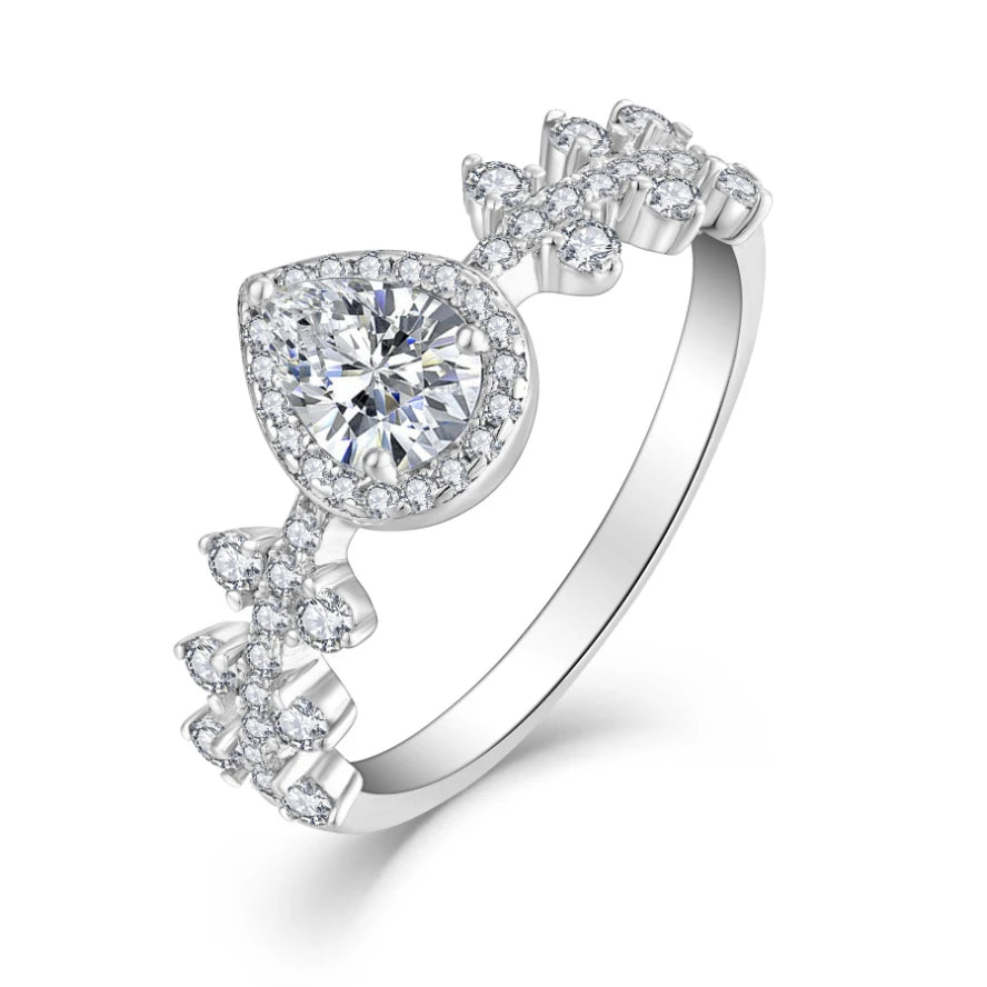 Fine Jewelry Classic Rhodium Plated Pear Cut CZ Halo 925 Sterling Silver Engagement Ring for Women Wedding & Party