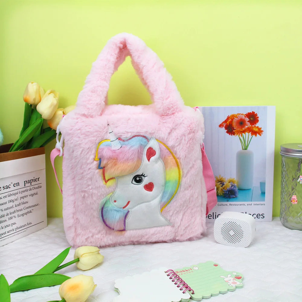Colorful Cute Unicorn Plush Tote Crossbody Bag Fashionable Kids Shoulder Handbag with Button Closure Perfect Winter Gift
