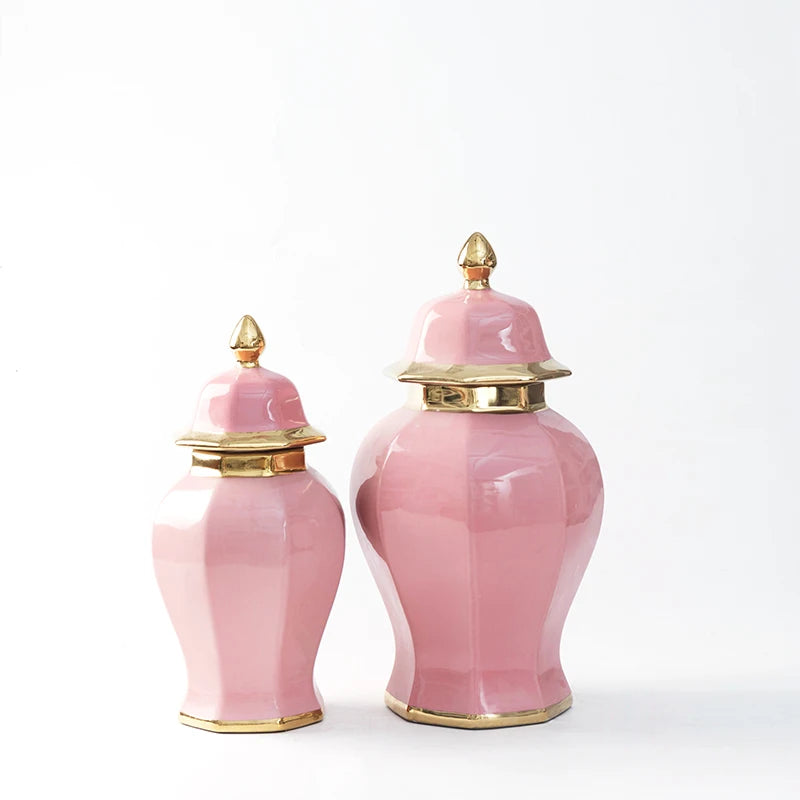 Contemporary Ceramic Eight Edges Vase Transparent Glaze Pink and Gold Porcelain Luxury Temple Jar for Flowers and Storage