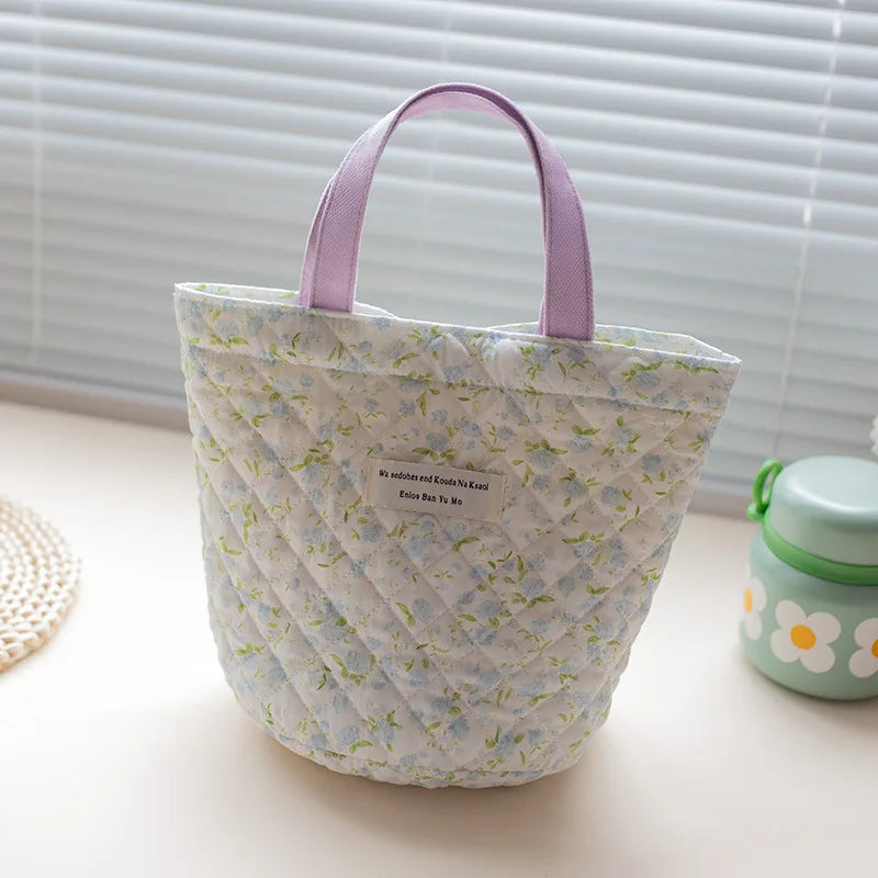Quilted Floral Canvas Bucket Bags Set - Crochet Flower Decor Handheld Purse for Children/ Women
