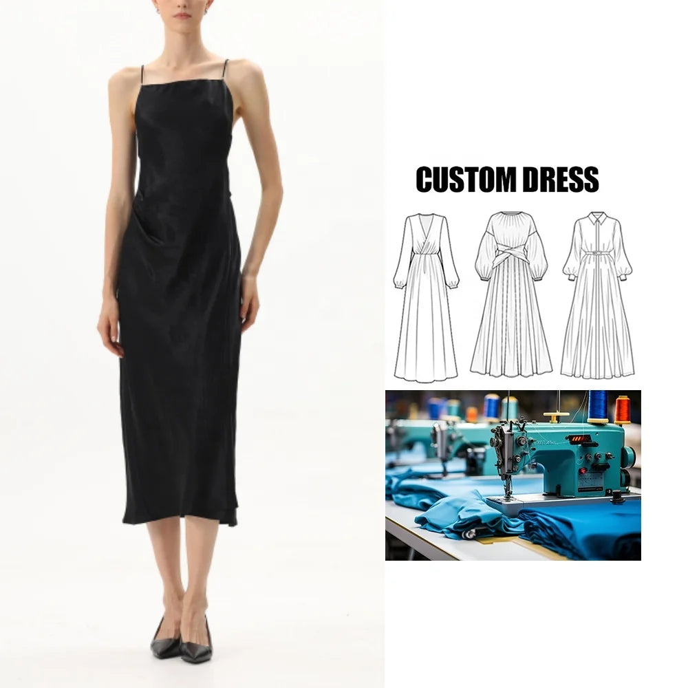OEM Elegant Ladies Spaghetti Strap Midi Evening Dress Women's Straight Silhouette Ruched Solid ACETATE Backless Summer Dress