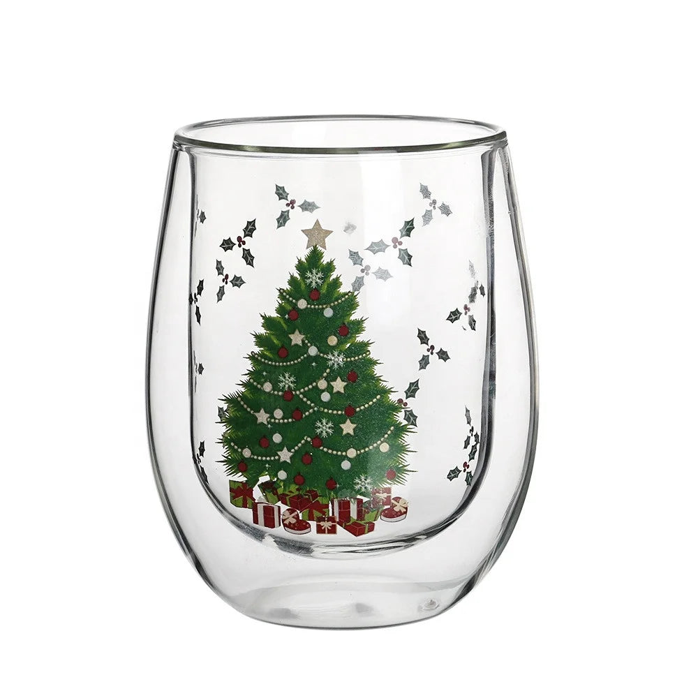Classic Large Double Wall Glass Coffee Mug 370ml Christmas Tree Printed Inside for Home or Party Use