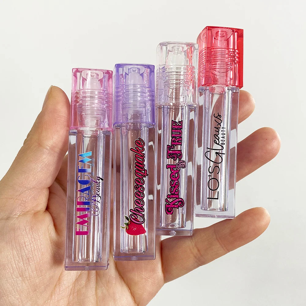 MOQ 50pcs Custom logo Empty square clear 6ml Roll on Lip Gloss Tubes Container with pink Purple Top Lipgloss Roller Tube