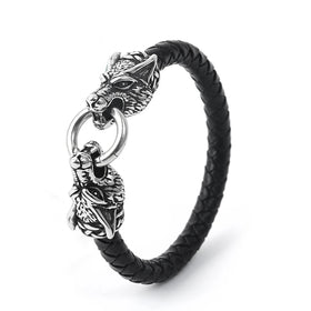 Nordic Design Souvenir Mens Bangle Genuine Leather Wristband Viking Wolf Bracelet Necklace Jewelry Set