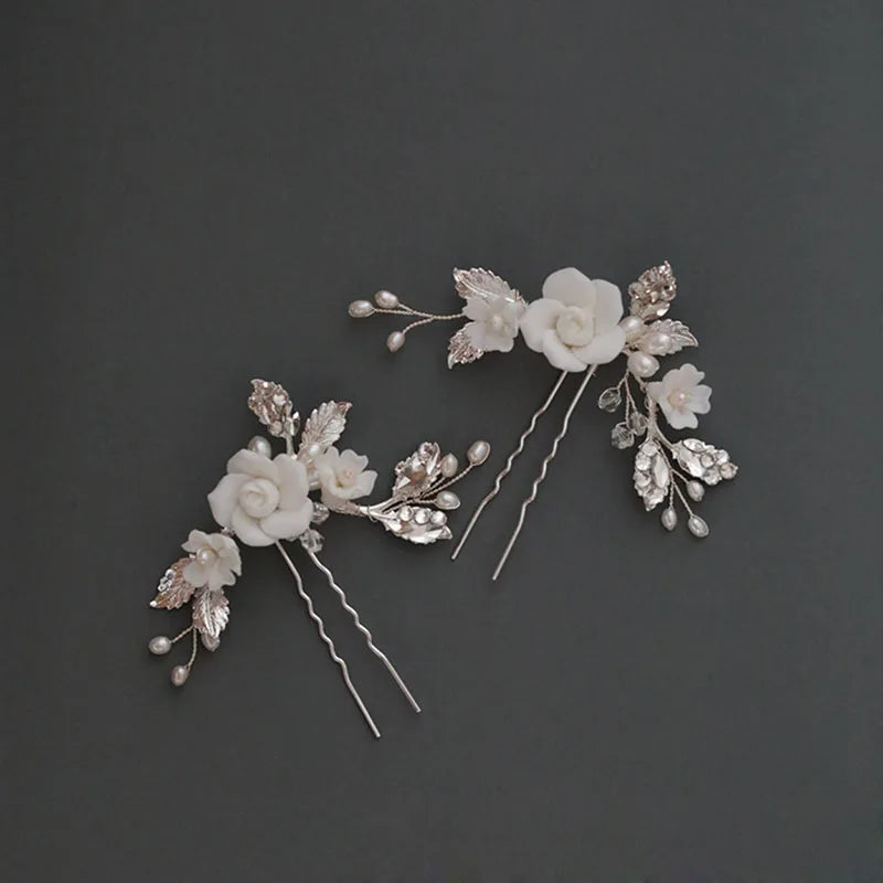 SLBRIDAL Handmade Ceram Flower Freshwater Pearls Bridal Hair Pin Wedding Hair Sticker Women Bridesmaids Jewelry Hair Accessories
