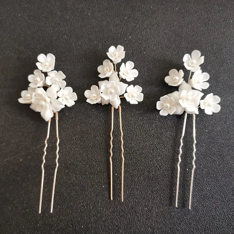 SLBRIDAL Handmade Alloy Ceram Flower Pearls Bridal Hair Pin Wedding Hair Sticker Women Bridesmaids Jewelry Hair Accessories