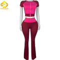 2026 Summer Female Clothes Cute Women Tracksuit Short Sleeve Jacket Patchwork 2 Piece Flared Pants Set