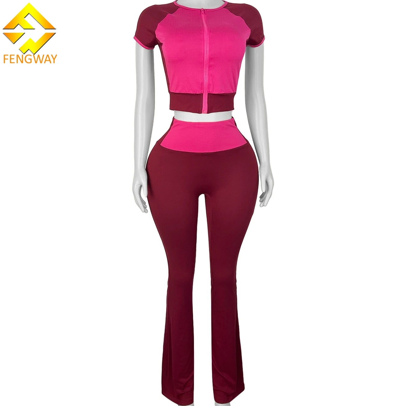 2026 Summer Female Clothes Cute Women Tracksuit Short Sleeve Jacket Patchwork 2 Piece Flared Pants Set