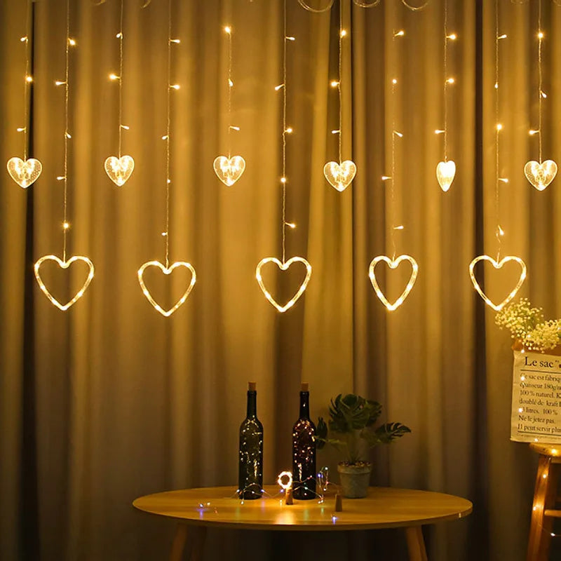 138LED Romantic Heart-shaped Star LED Curtain Window Light String Waterproof for Outdoor Indoor Wedding Home Bedroom Decoration