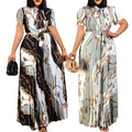S-3XL Short Sleeved Printed Pleated Tie up Dress Tongle European and American Oversized Dress