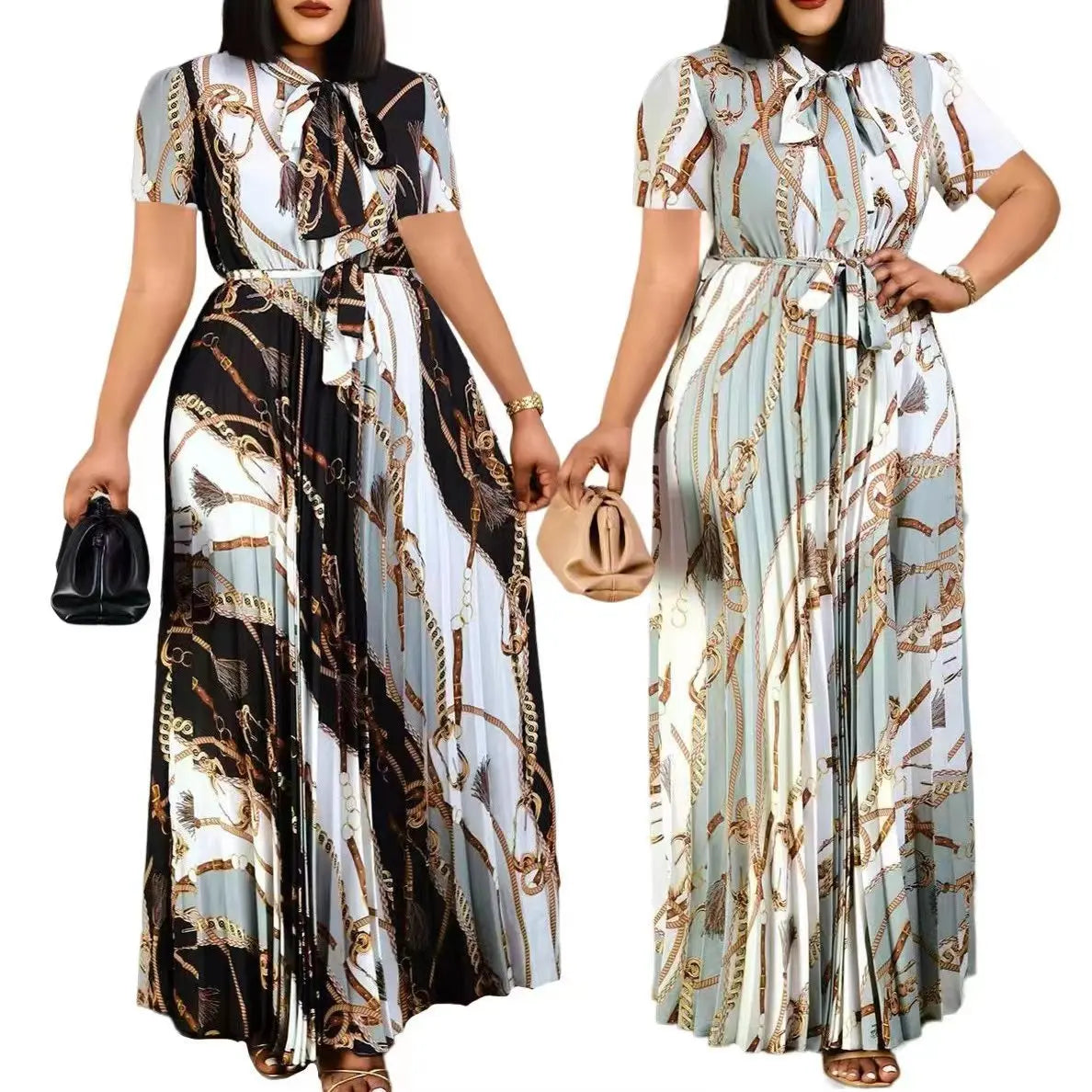 S-3XL Short Sleeved Printed Pleated Tie up Dress Tongle European and American Oversized Dress