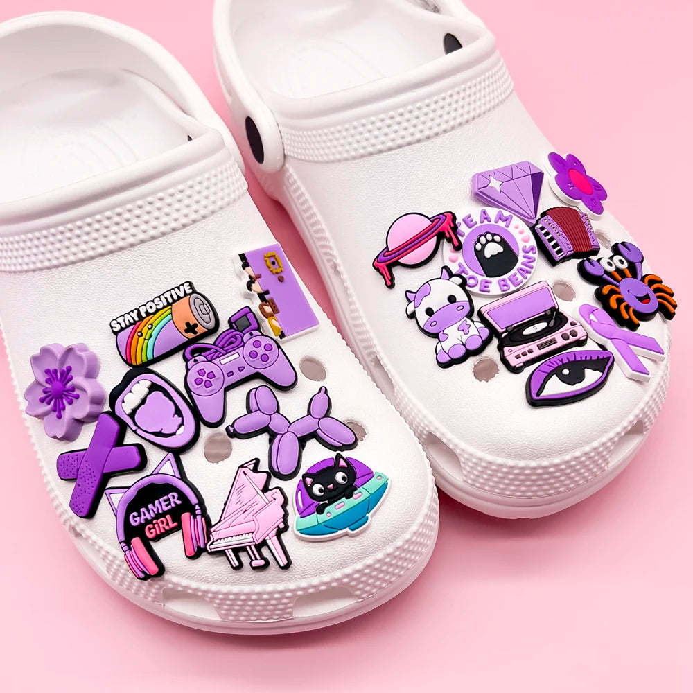 Wholesale Customized 2D Purple PVC DIY Clog Sandal Accessories Flower Butterfly Grape Crystal Shoes Decoration Witch Shoe Rubber