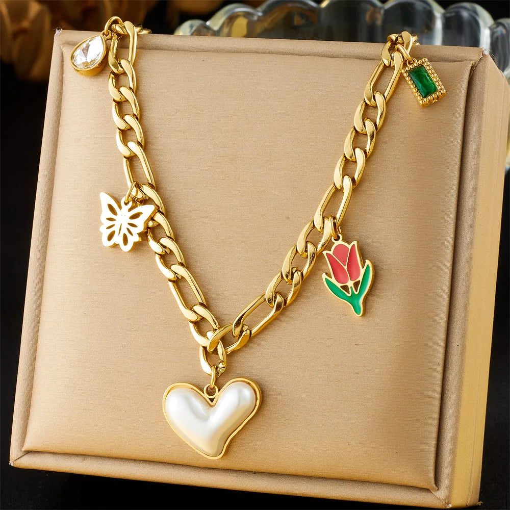 Tarnish Free Stainless Steel Heart Pearl Pendant Necklace Jewelry 18k Pvd Gold Plated Flower Butterfly Charm Necklace for Women