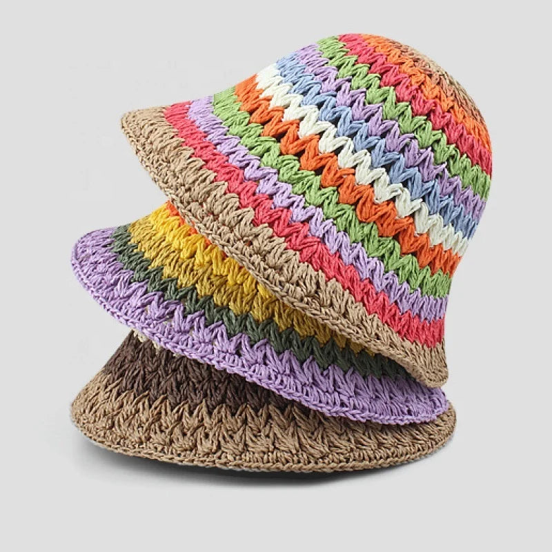WD-A813  Colorful Handmade Crochet Raffia Bucket Visor Hat Folded Beach Sunscreen Straw Hats for Women
