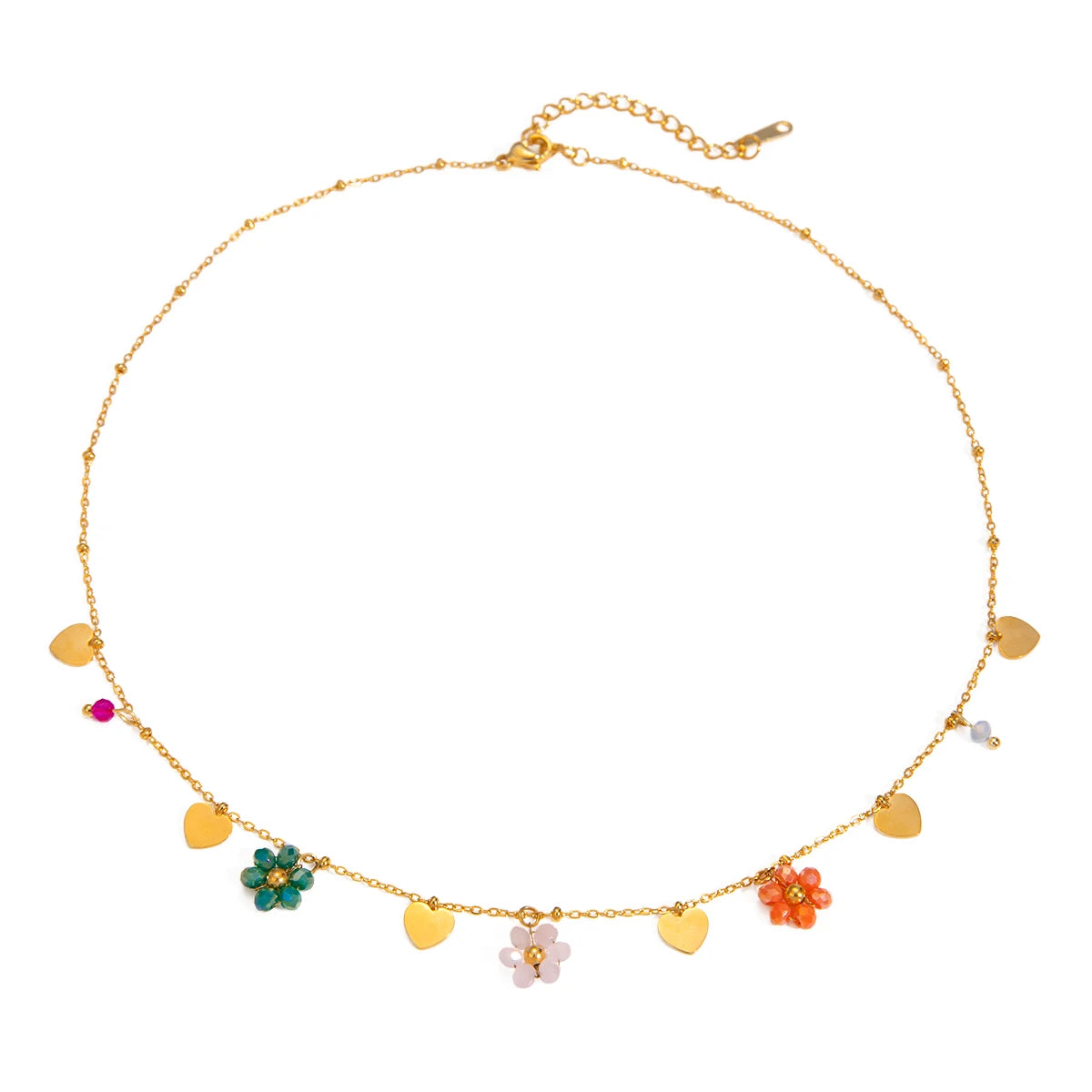 J&D Stainless Steel Chain Colorful Summer  Glass Beads Flower Heart Charms Dainty Necklace for Girls
