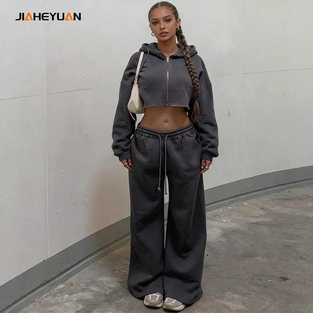 High Quality Cotton Zip up Cropped Hoodies Women Custom Oversized Two Piece Wide Leg Sweat Pants and Crop Top Hoodie Set Women
