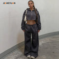 High Quality Cotton Zip up Cropped Hoodies Women Custom Oversized Two Piece Wide Leg Sweat Pants and Crop Top Hoodie Set Women