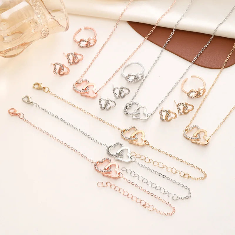 YL 2026 European American Simple Double Love Necklace Jewelry Set Luxury Gold Plated Bride Four-Piece Double Heart Jewelry