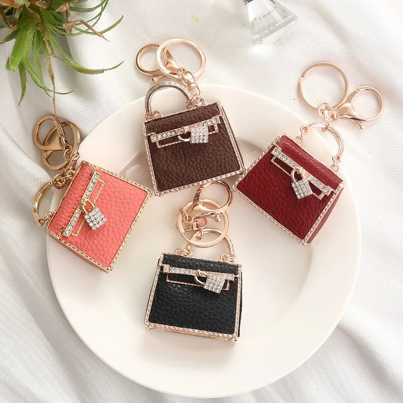 Mini Metal Leather Bag Pendant Key Chains Women Girls Beautiful Elegant Luxury Diamond Hollowed-Out Handbag Key Ring