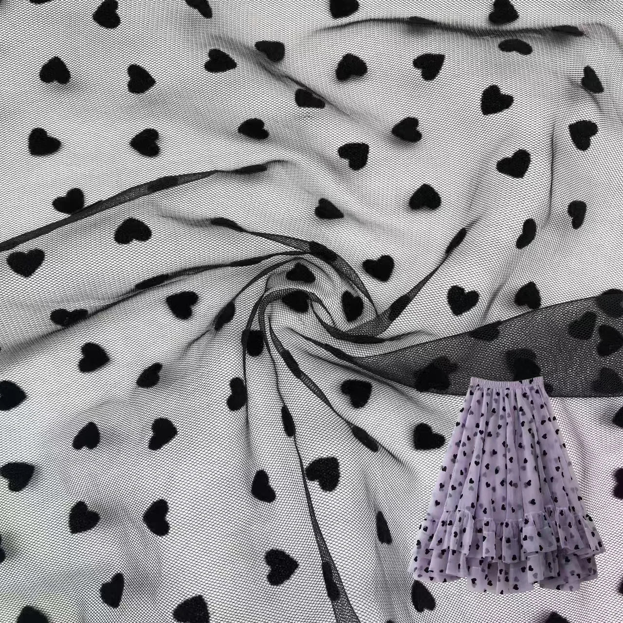 Wholesale Knitted Heart Pattern 100%Nylon 30G/M Black Flocking Mesh Fabric for Girl's Skirt and Dress