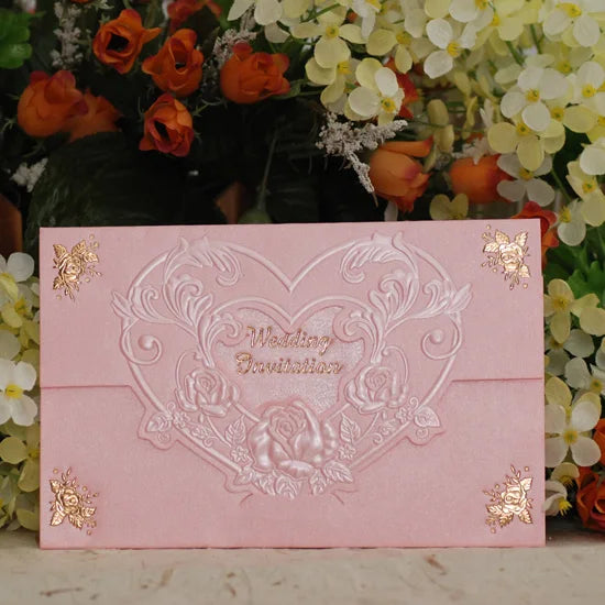 Wholesale Burgundy Folded Cards Arabesque Inset Wedding Invitations Heart Shaped Birthday Cards Light Pink Anniversary Cards