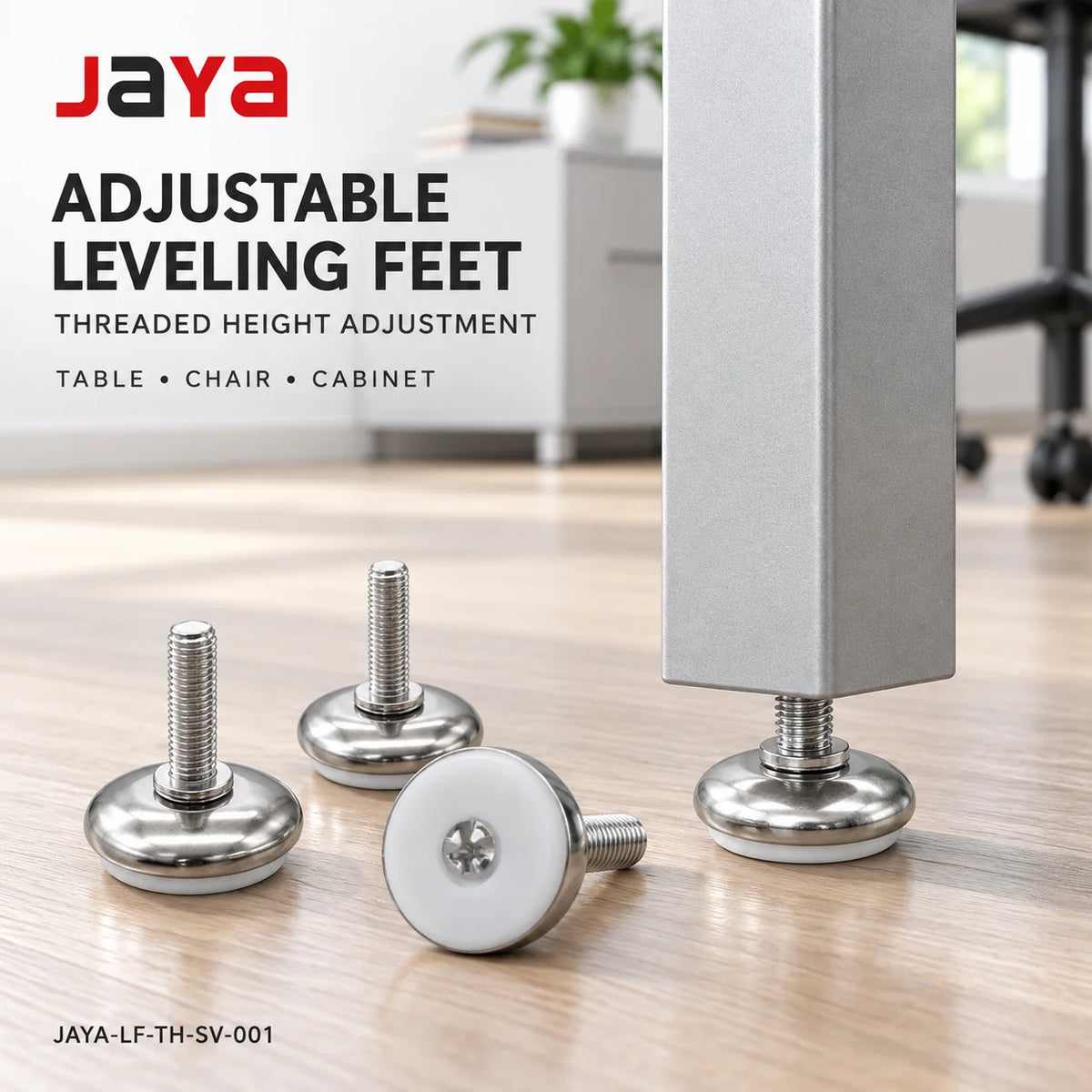 JAYA Threaded Adjustable Furniture Leveling Feet with Round Metal Base and Plastic Pad for Table Chair Cabinet MegaBDM