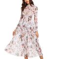 MANNI Mock Neck Chiffon Beach Wear Women Long Sleeve Floral White Beach Bohemian Dresses