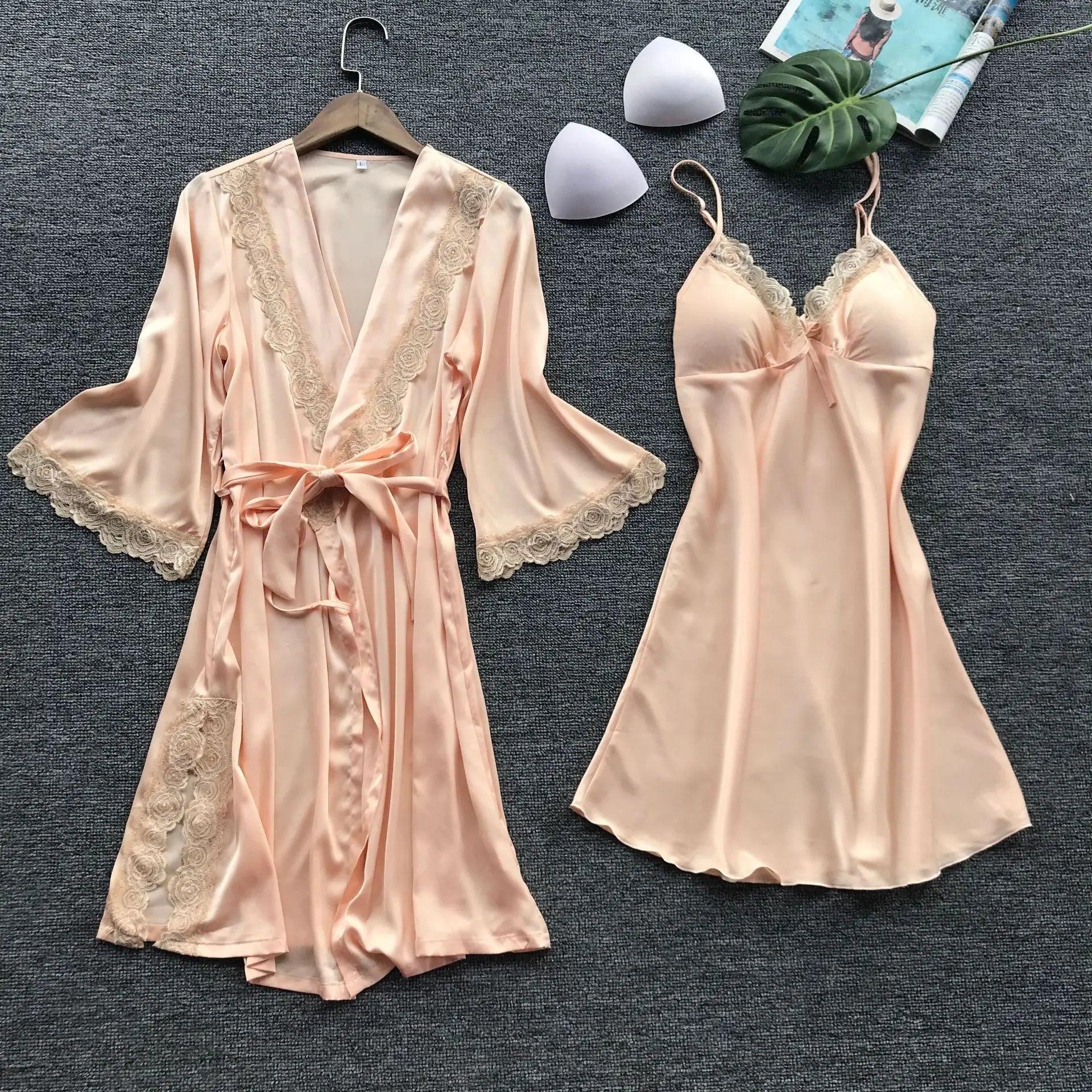 New Women 2-Piece Luxury Sexy Bride Bridesmaid Wedding Robe Sets Lace Trim Breathable Quick Dry Sleepwear Nightdress Set
