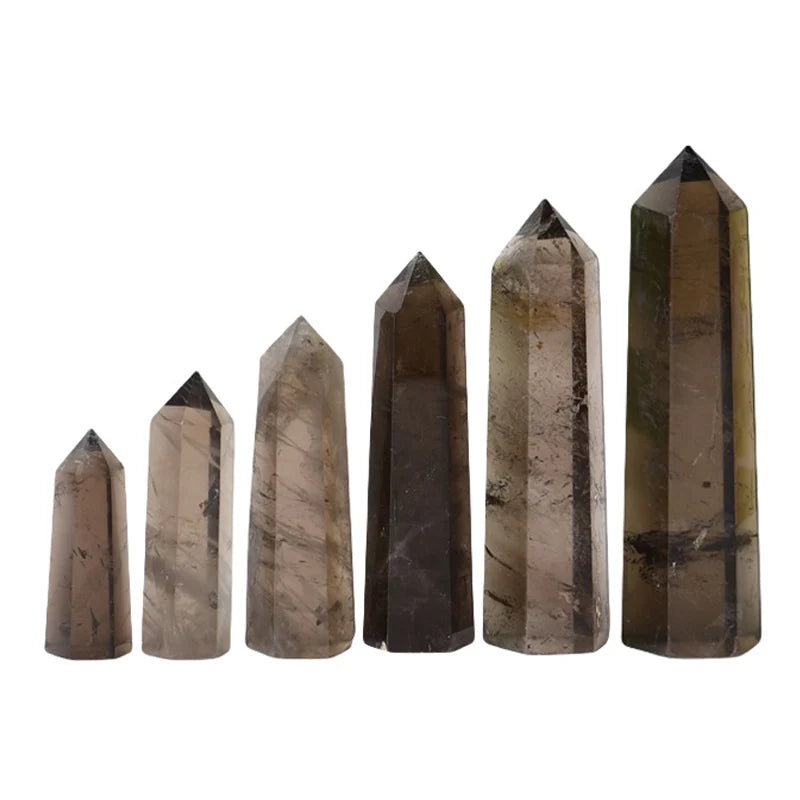 Multi-Sized Smoky Quartz Natural Stone Hexagonal Pillar Crystal Decoration Office Ornament Tower Stone Crafts DIY Accessory Gift