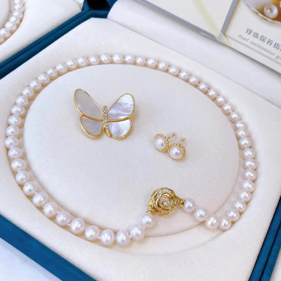 Certified Mother's Day Set 8-9Mm Natural Pearl Necklace Same Style Breastpin Freshwater Pearl Ear Studs Gift Box for Free