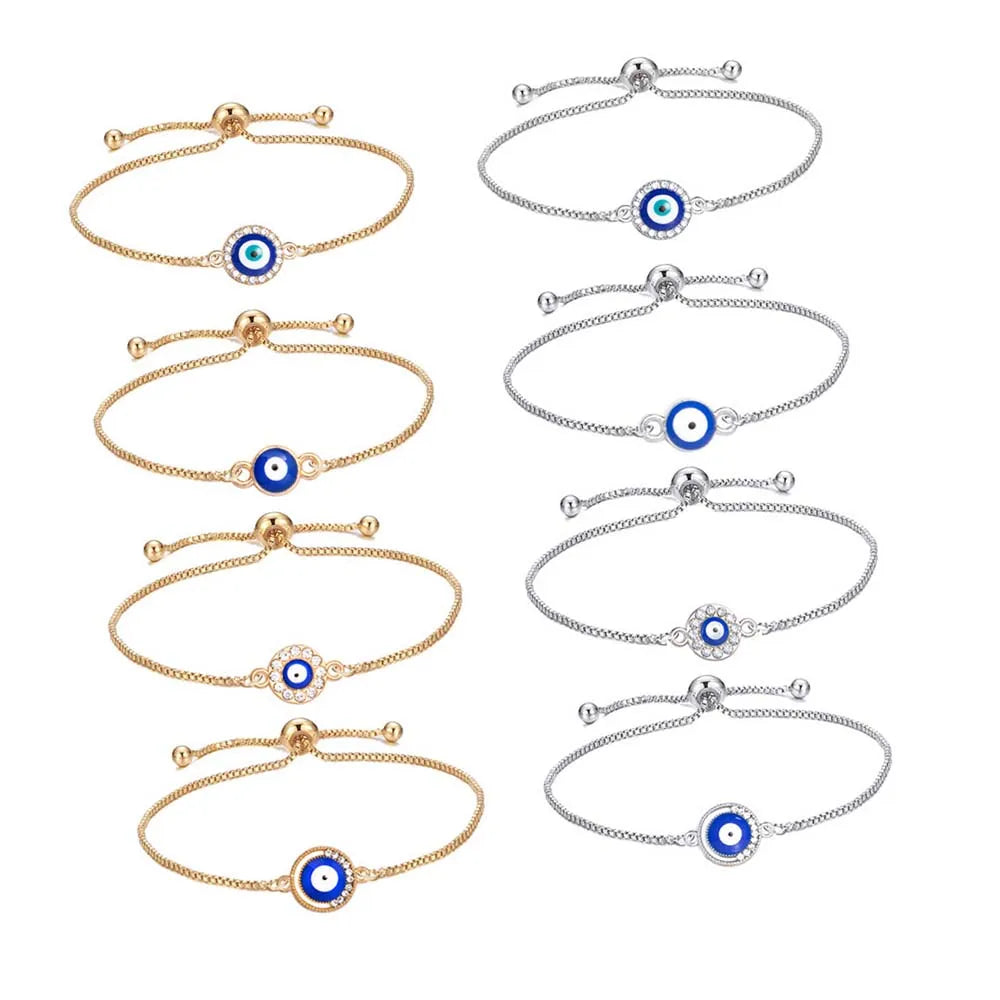 18K Gold Plated Adjustable Box Chain Lucky Turkish Devils Eye Bracelet with Blue Enamel Fashion Charm Evil Eyes Bracelet