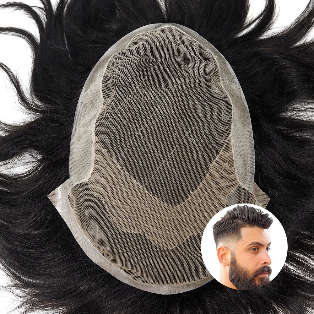 Lace & PU OCT Men Toupee Male Hair Prosthesis Invisible Hairpiece Natural Hairline Replacement System Unit Men's Wigs 100% Hair MegaBDM